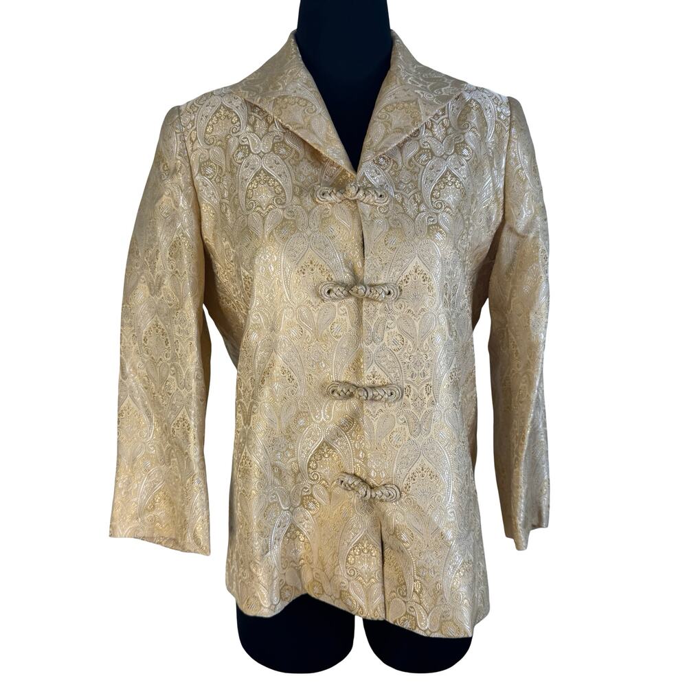 Vintage 80s 90s Champagne Gold Paisley Brocade Satin Frog Button Blazer Jacket